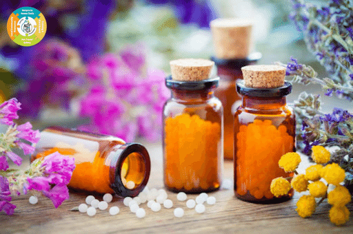 homeopathic herbs and flowers in brown glass bottles surrounded by different types of flowers